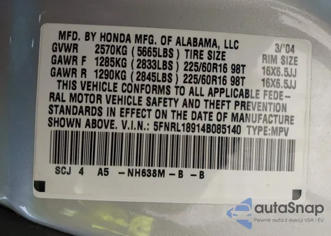 2004 Honda Odyssey Exl from USA, damaged, VIN 5FNRL18914B085140